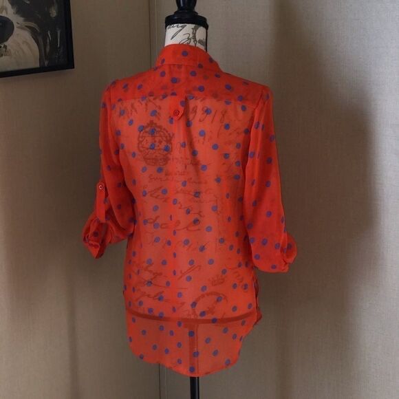 The Rage Sheer Blouse Small Orange Blue Dots - Picture 7 of 16
